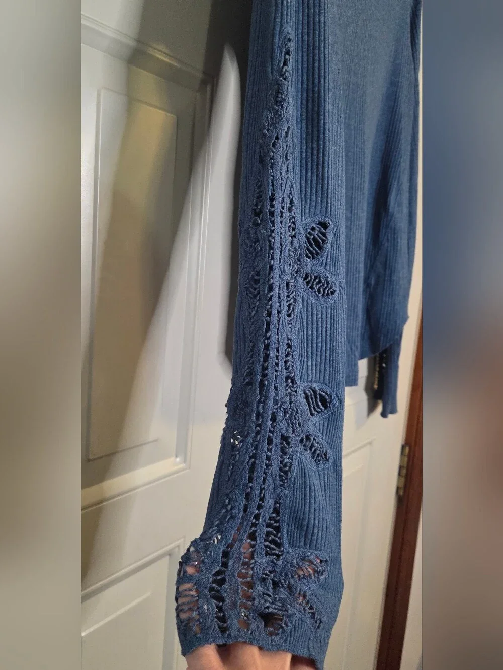 Free People - Heathered Blue Ribbed Long Sleeve Top with Sleeve Embroidery